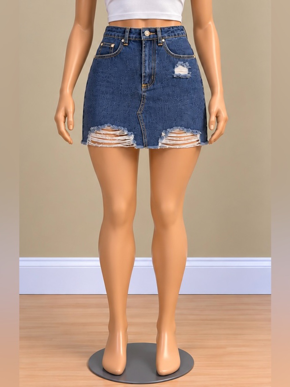 PrettyLittleThing Dark Wash Distressed High Rise Denim Mini Skirt US 2 NWT